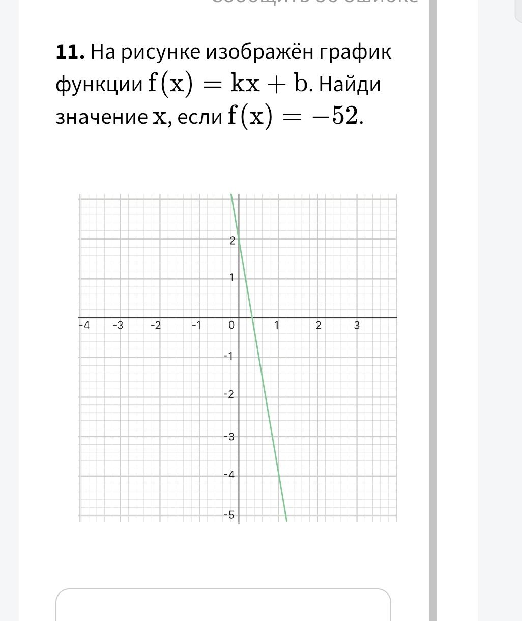 Фото задания: 11. На рисунке изображён график функции f(x) = kx + b. Найди значение x, если f(x) = −52.