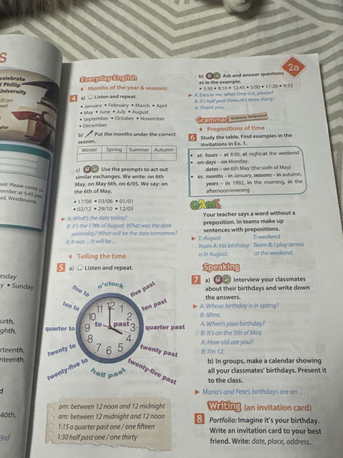 Фото задания: 5b) Ask and answer questions as in the example. 3:30 • 8:10 • 12:45 • 5:00 • 11:20 • 9:35.
