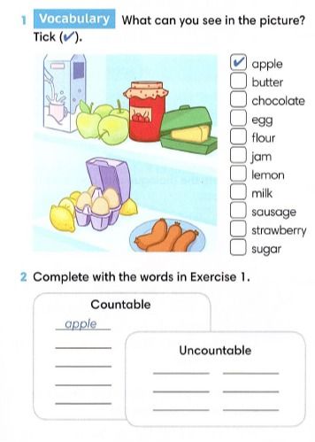 Фото задания: 1 Vocabulary. What can you see in the picture? Tick (✓). apple, butter, chocolate, egg, flour, jam, lemon, milk, sausage,…