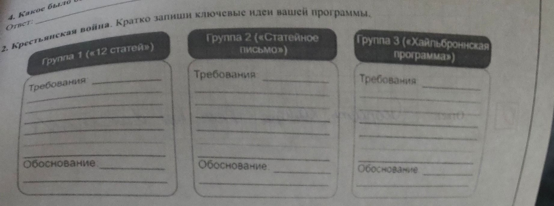 Фото задания: 2. Крестьянская война. Кратко запиши ключевые идеи вашей программы. Группа 1 («12 статей»): Требования: … Обоснование …;…