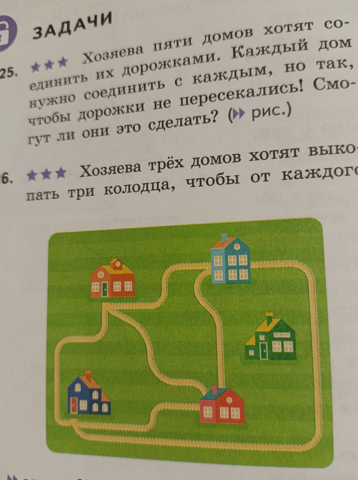 Фото задания: 25. Хозяева пяти домов хотят соединить их дорожками. Каждый дом нужно соединить с каждым, но так, чтобы дорожки не…