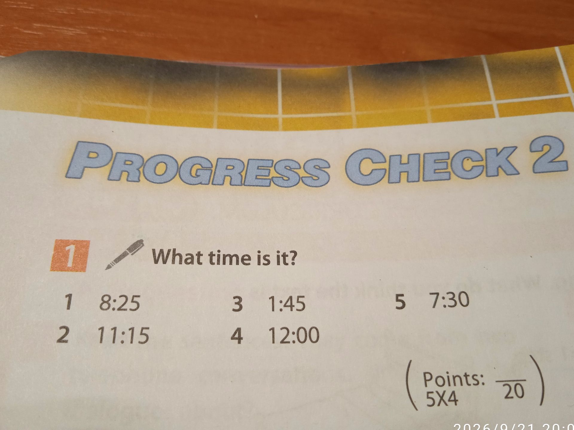Фото задания: 1. What time is it? 1) 8:25 2) 11:15 3) 1:45 4) 12:00 5) 7:30