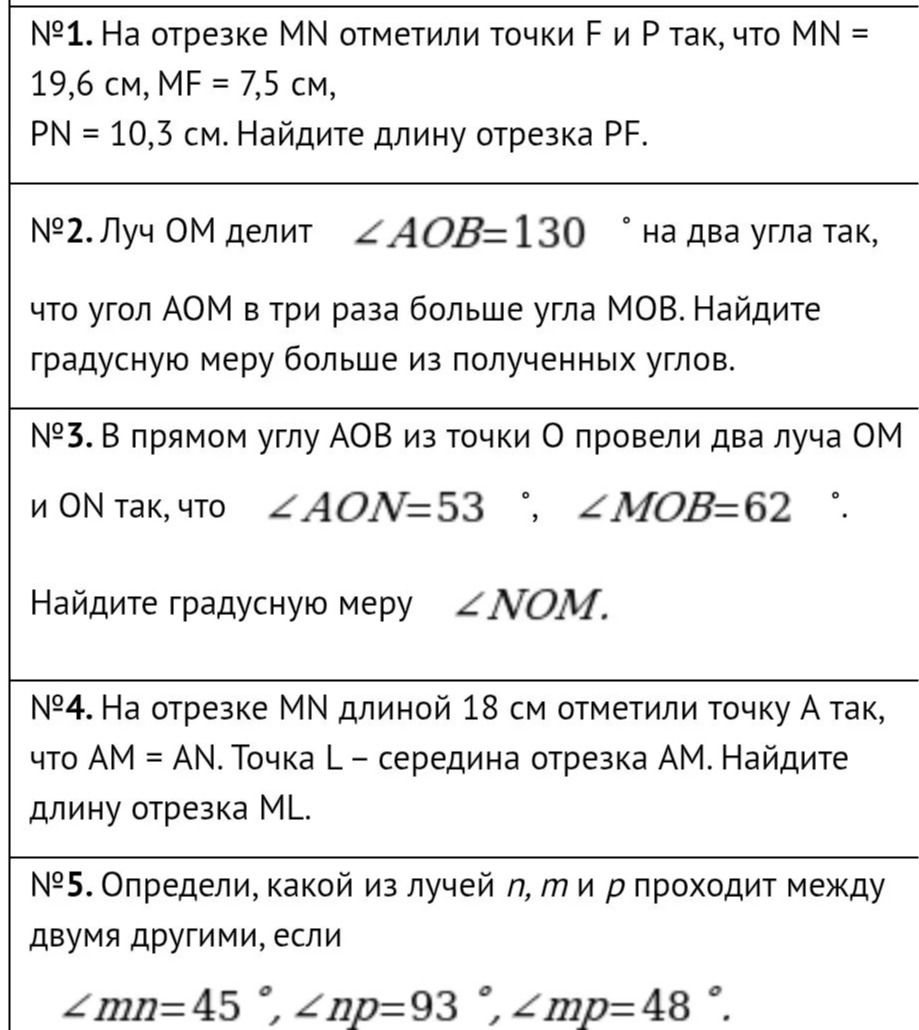 Фото задания: №3. В прямом углу AOB из точки O провели два луча OM и ON так, что ∠AON = 53°, ∠MOB = 62°. Найдите градусную меру ∠NOM.