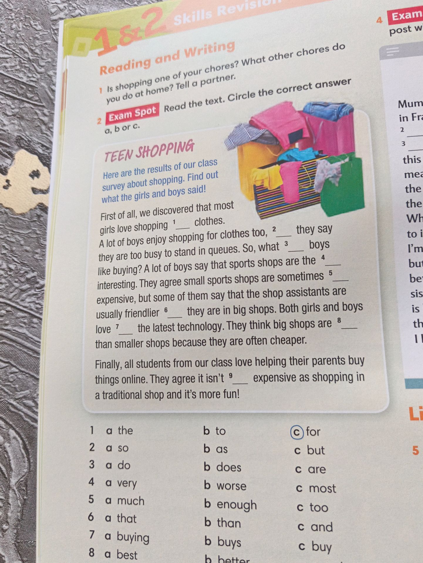 Фото задания: 2. Exam Spot. Read the text. Circle the correct answer a, b or c. TEEN SHOPPING. Here are the results of our class survey…