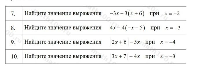 Фото задания: 7. Найдите значение выражения −3x − 3(x + 6) при x = −2.