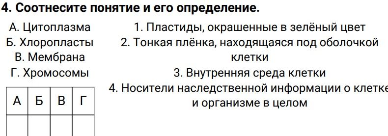 Фото задания: 4. Соотнесите понятие и его определение. А. Цитоплазма; Б. Хлоропласты; В. Мембрана; Г. Хромосомы. 1. Пластиды, окрашенные…