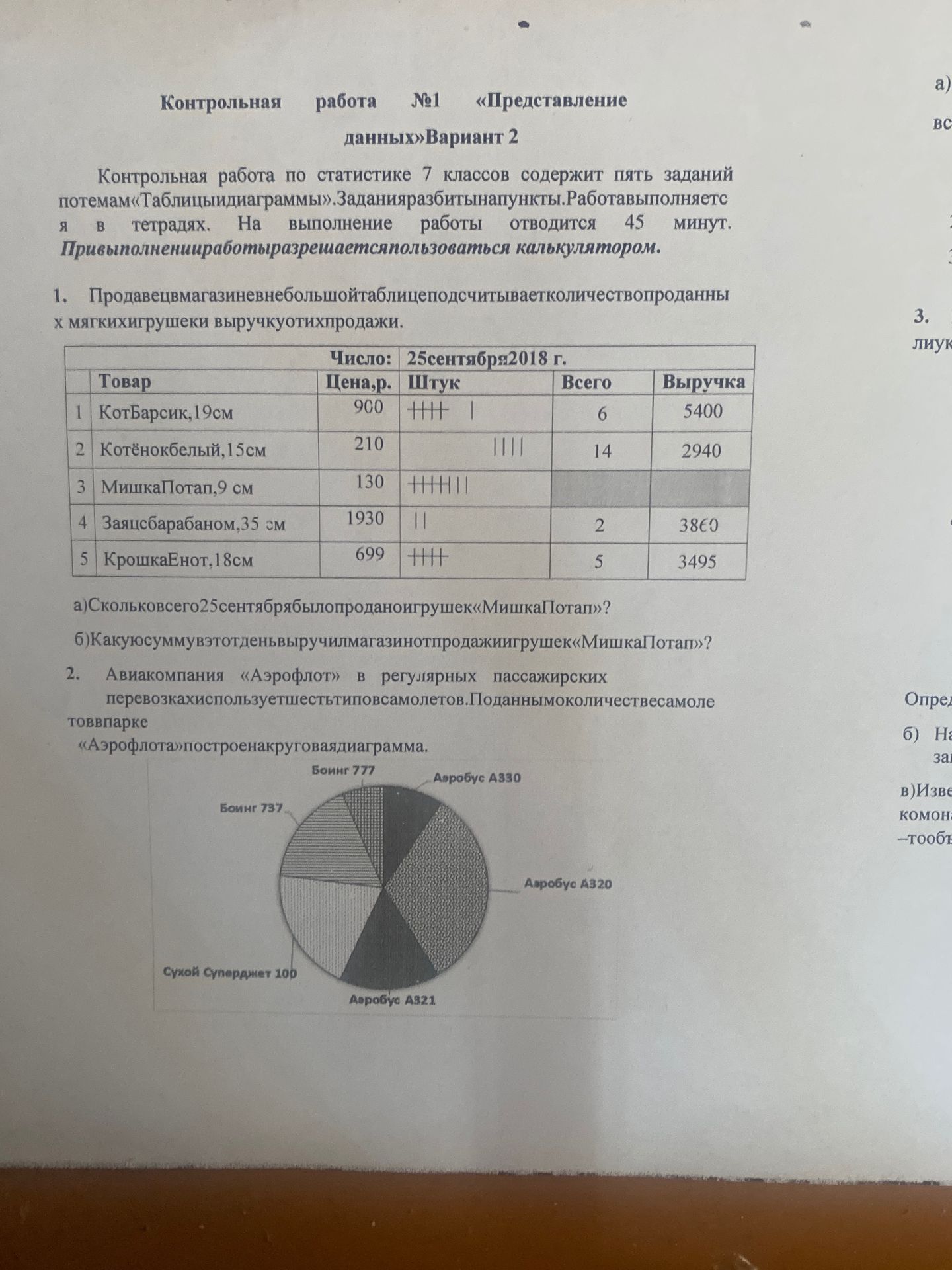 Фото задания: 2. Авиакомпания «Аэрофлот» в регулярных пассажирских перевозках использует шесть типов самолётов. По данным о количестве…