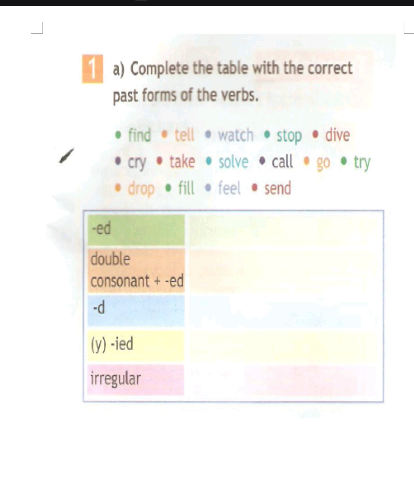 Фото задания: 1. a) Complete the table with the correct past forms of the verbs: find, tell, watch, stop, dive, cry, take, solve, call, go,…