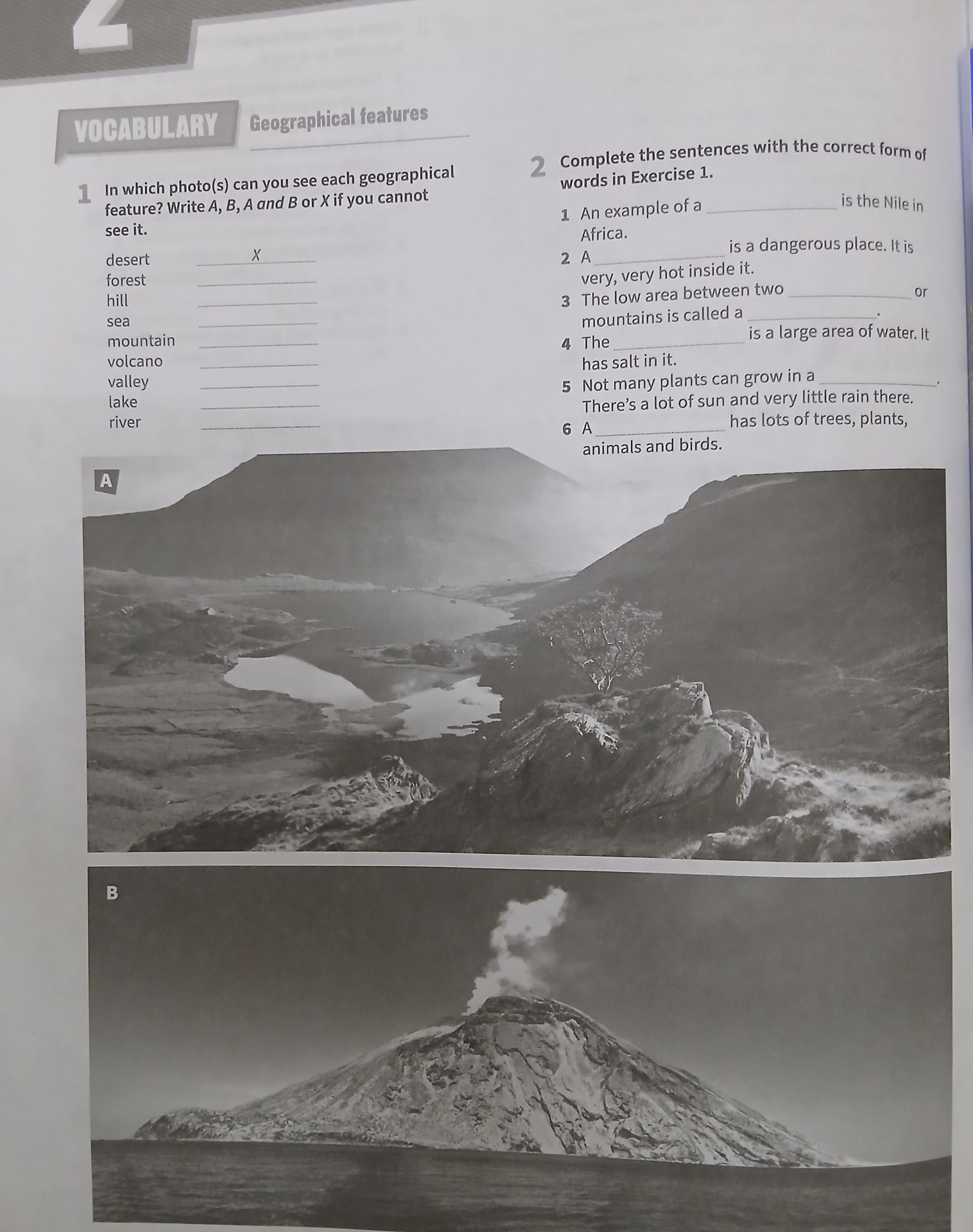 Фото задания: 2 Complete the sentences with the correct form of words in Exercise 1. 1 An example of a ______ is the Nile in Africa. 2 A…