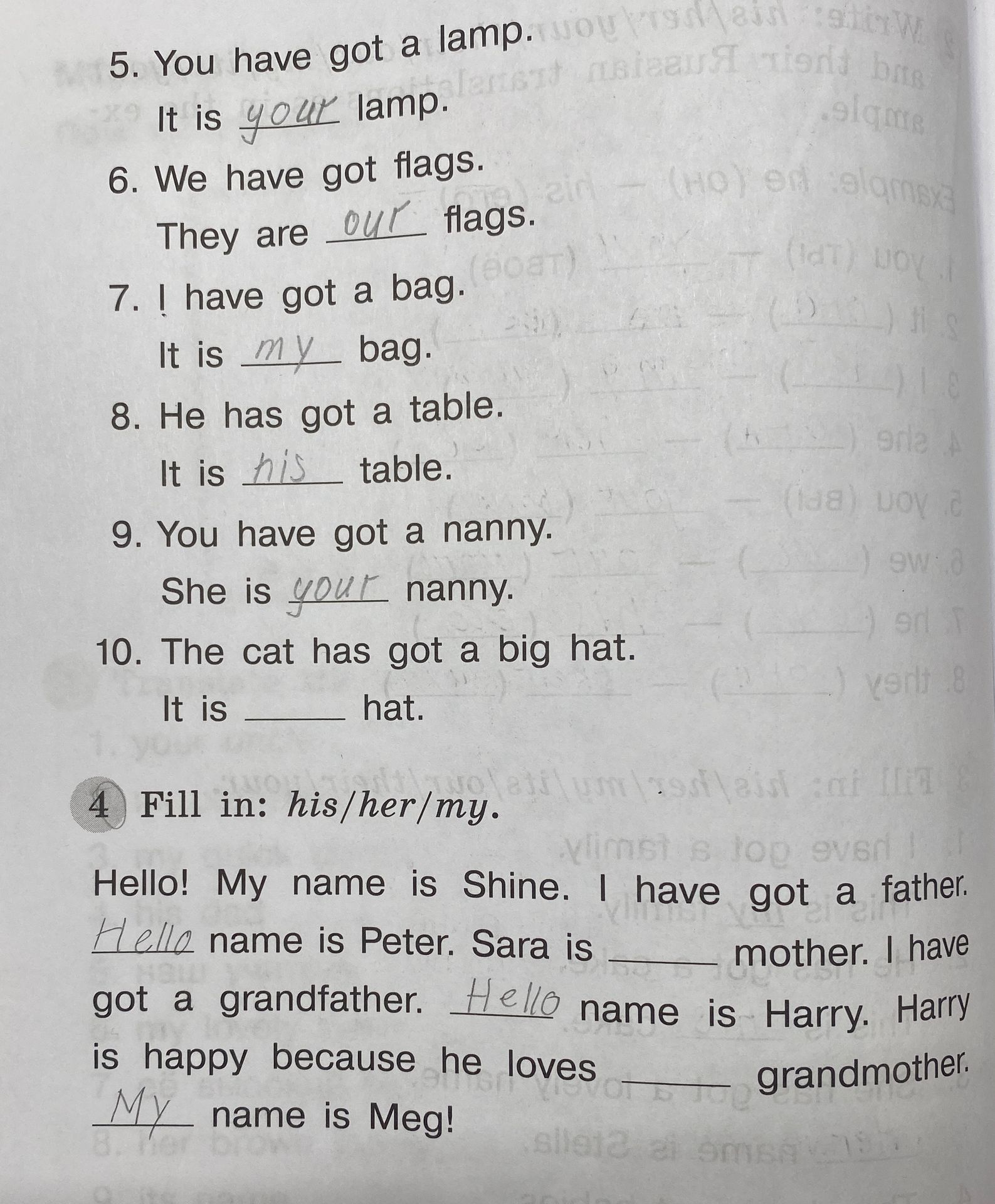 Фото задания: 5. You have got a lamp. It is ___ lamp. 6. We have got flags. They are ___ flags. 7. I have got a bag. It is ___ bag. 8. He…