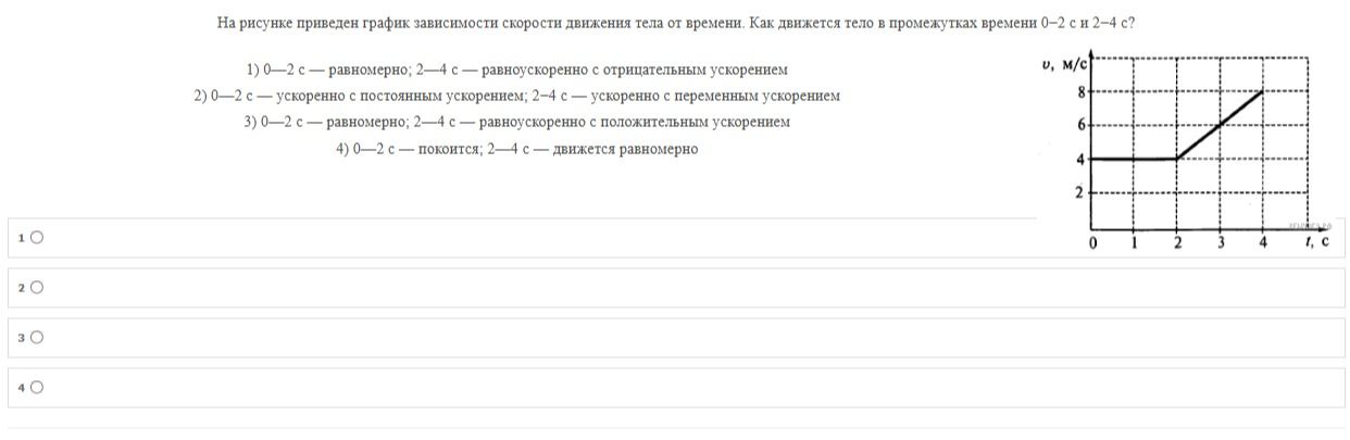 Фото задания: На рисунке приведён график зависимости скорости движения тела от времени. Как движется тело в промежутках времени 0–2 с и 2–4…
