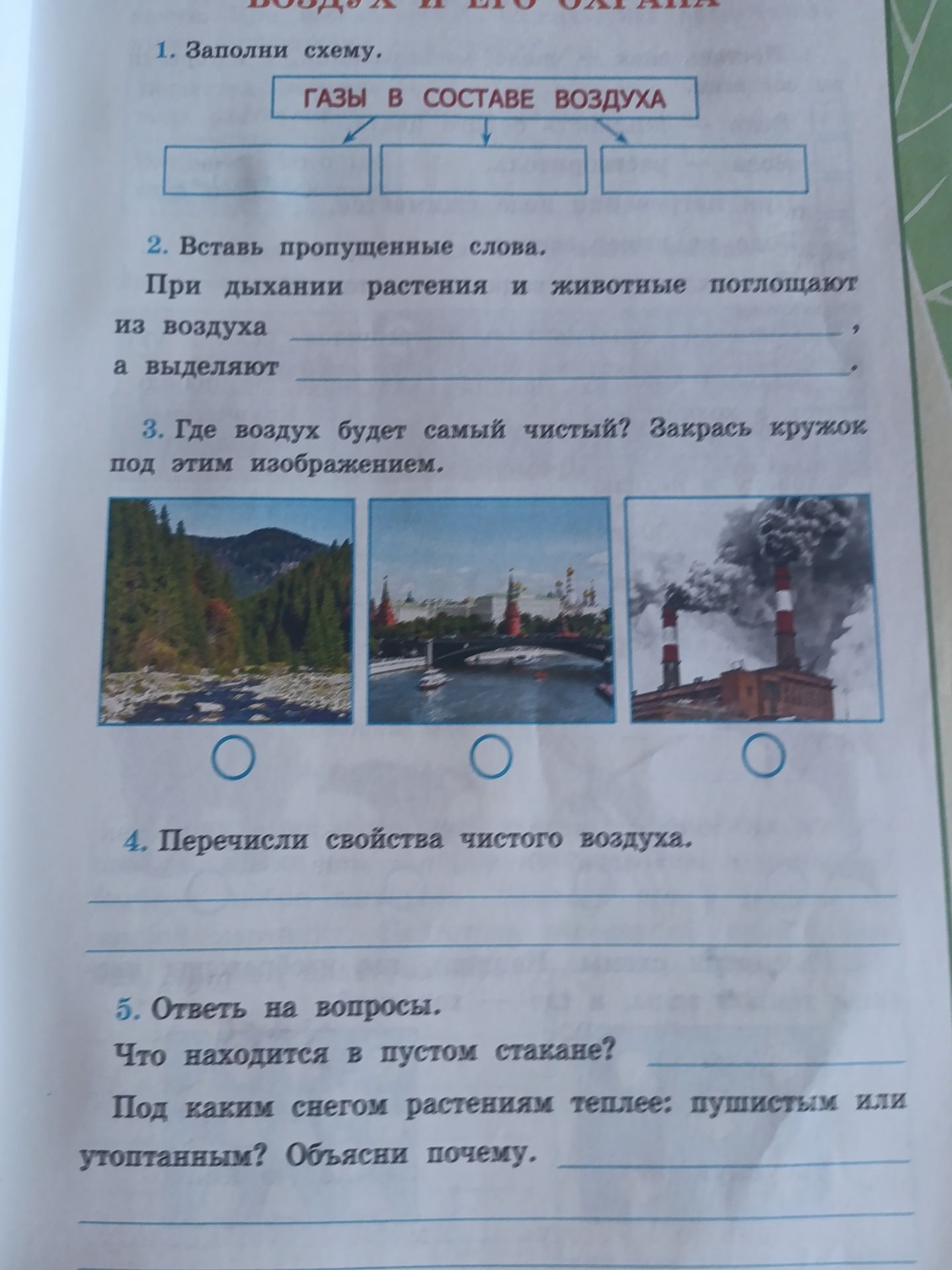 Фото задания: 2. Вставь пропущенные слова. При дыхании растения и животные поглощают из воздуха ____, а выделяют ____.
