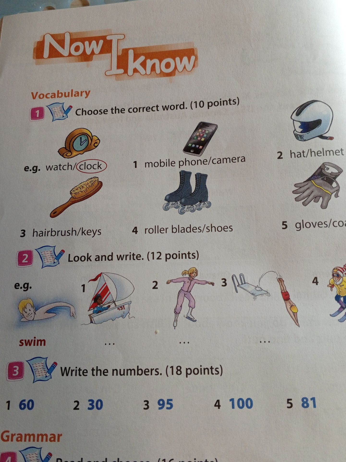Фото задания: 2. Look and write. (12 points) e.g. swim; 1–4.
