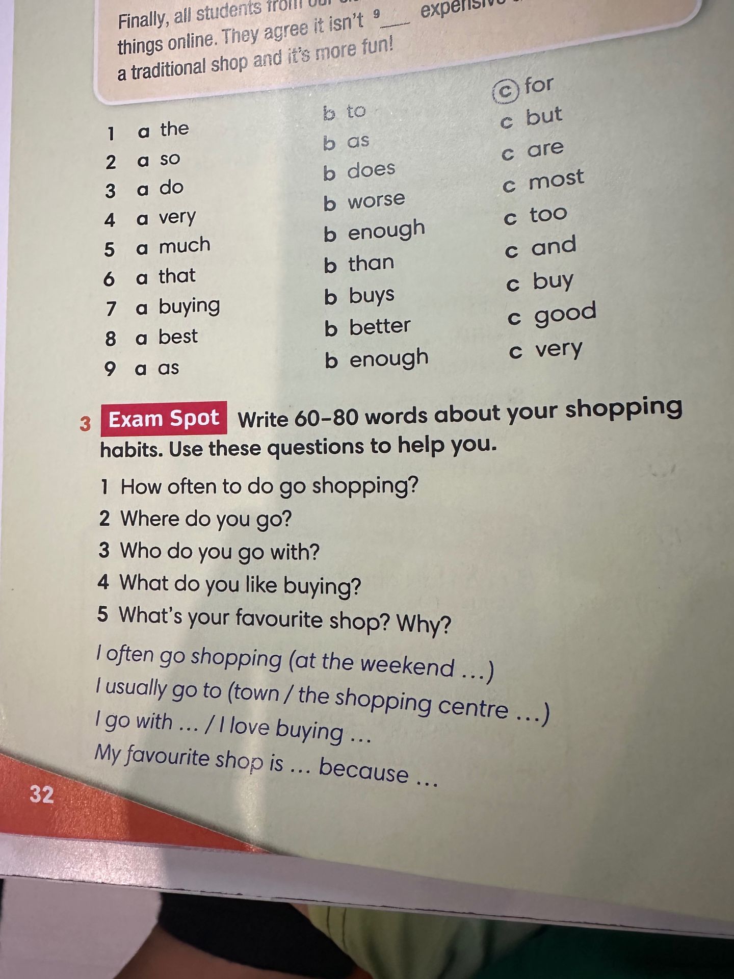 Фото задания: 3. Exam Spot. Write 60–80 words about your shopping habits. Use these questions to help you. 1) How often do you go shopping?…