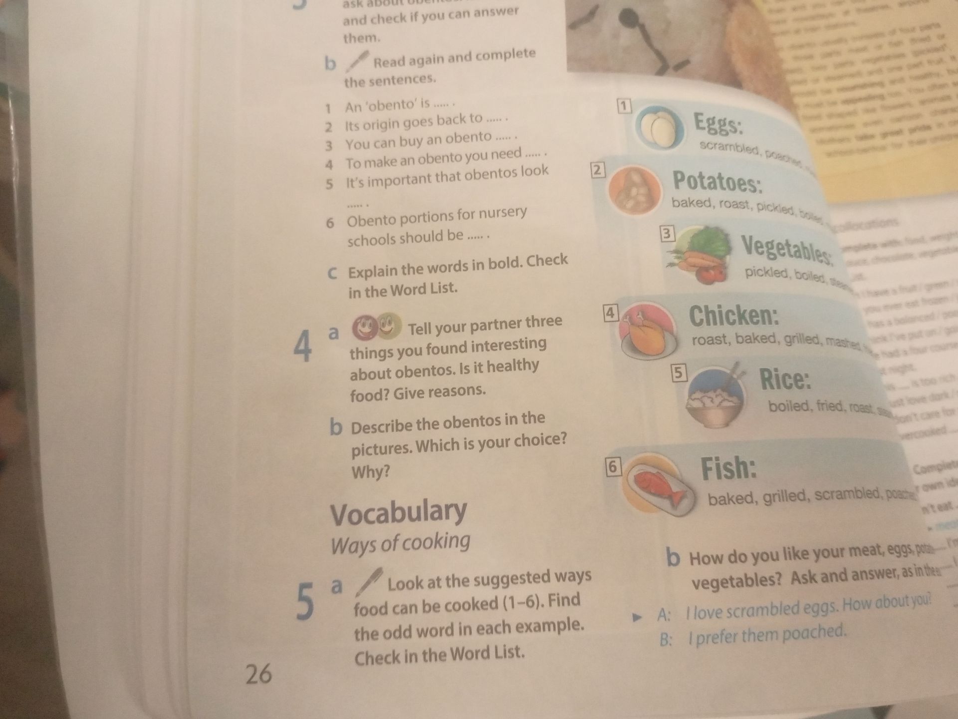 Фото задания: 5a Look at the suggested ways food can be cooked (1–6). Find the odd word in each example. Check in the Word List. 1 Eggs:…