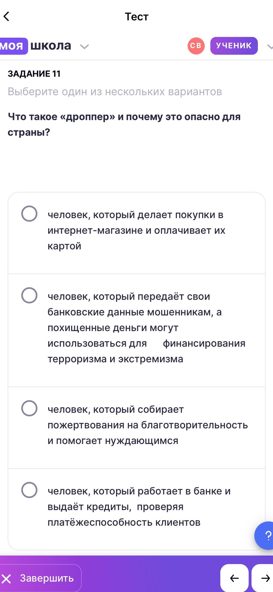 Фото задания: Задание 11. Выберите один из нескольких вариантов. Что такое «дроппер» и почему это опасно для страны?