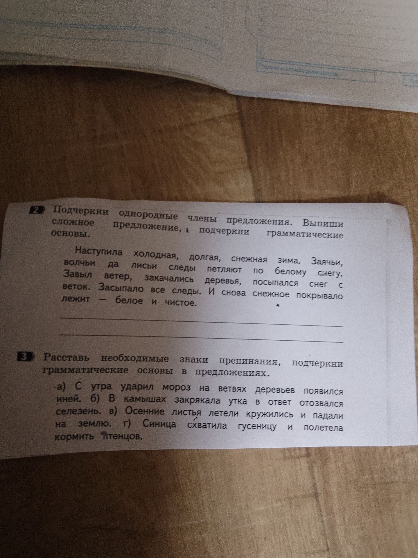 Фото задания: 2. Подчеркни однородные члены предложения. Выпиши сложное предложение, подчеркни грамматические основы. Наступила холодная,…
