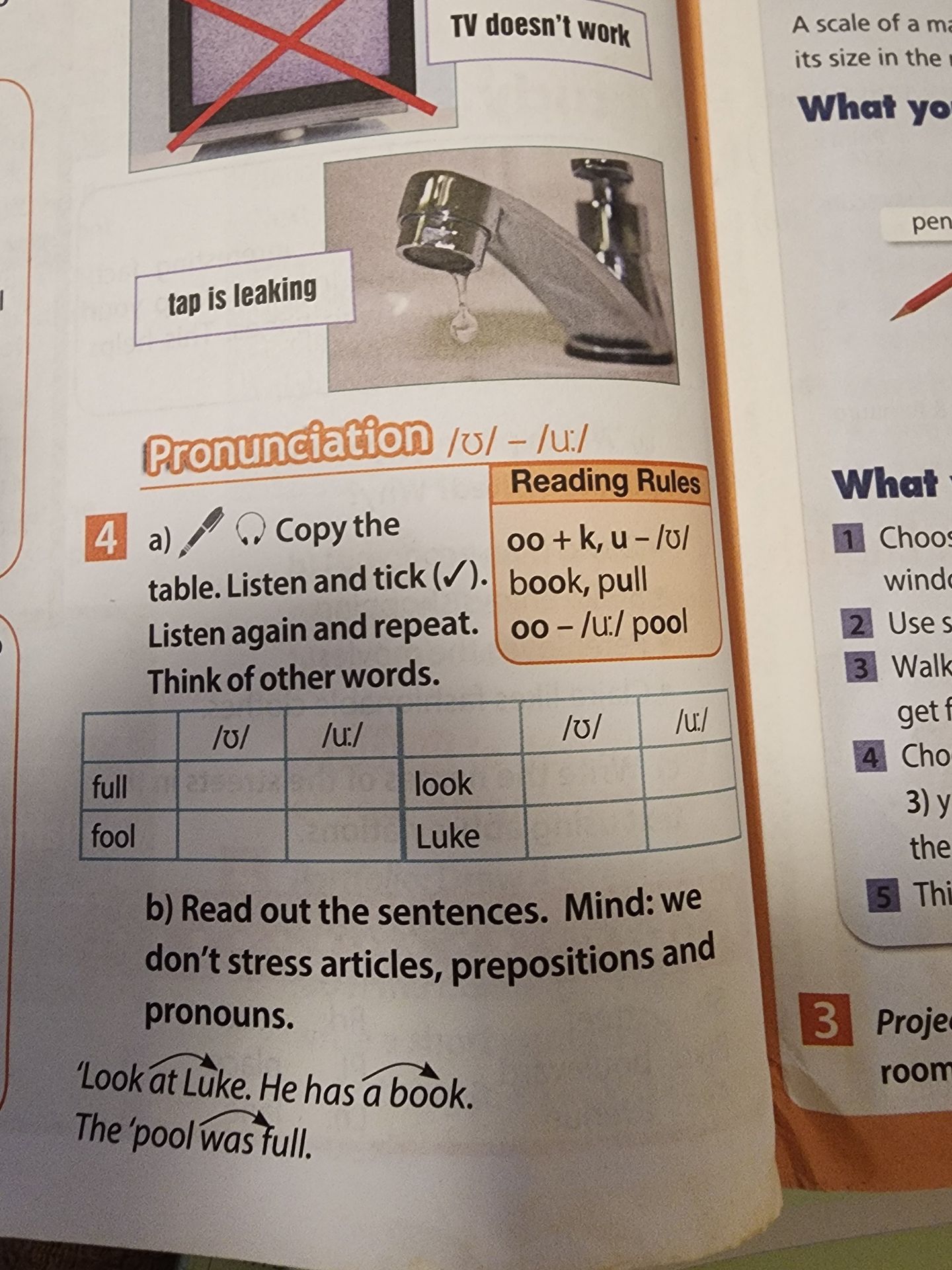 Фото задания: 4. a) Copy the table. Listen and tick (✓). Listen again and repeat. Think of other words. b) Read out the sentences. Mind: we…