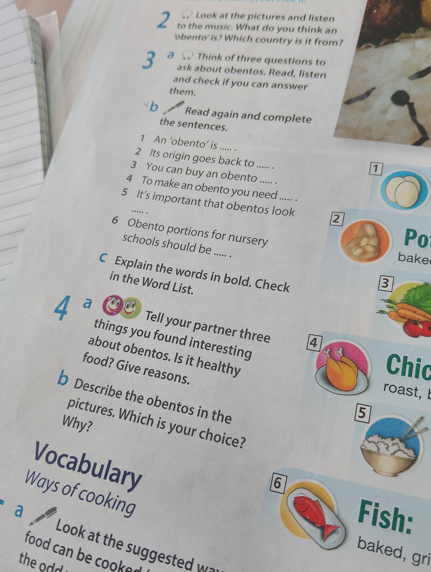 Фото задания: 2. Look at the pictures and listen to the music. What do you think an ‘obento’ is? Which country is it from?