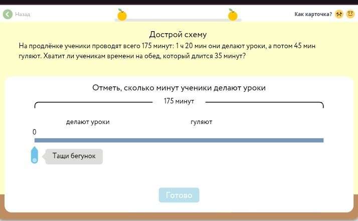 Фото задания: Дострой схему. На продлёнке ученики проводят всего 175 минут: 1 ч 20 мин они делают уроки, а потом 45 мин гуляют. Хватит ли…