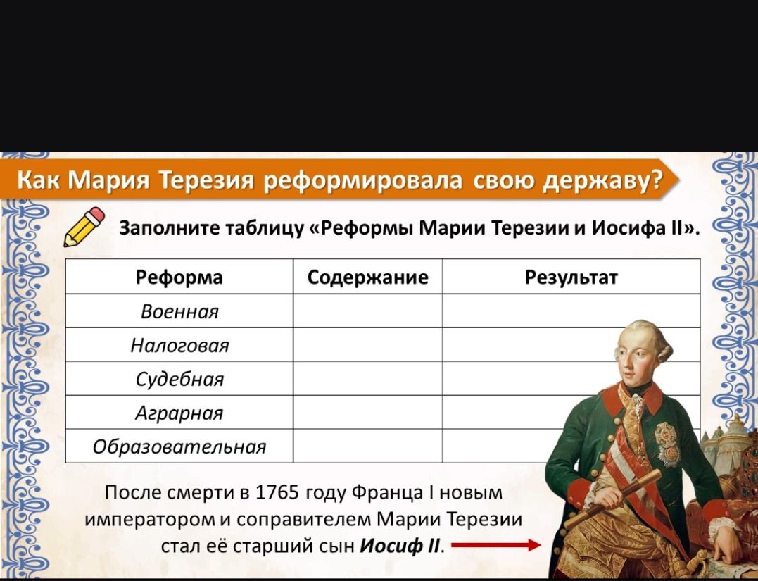 Фото задания: Как Мария Терезия реформировала свою державу? Заполните таблицу «Реформы Марии Терезии и Иосифа II». Реформы: военная,…
