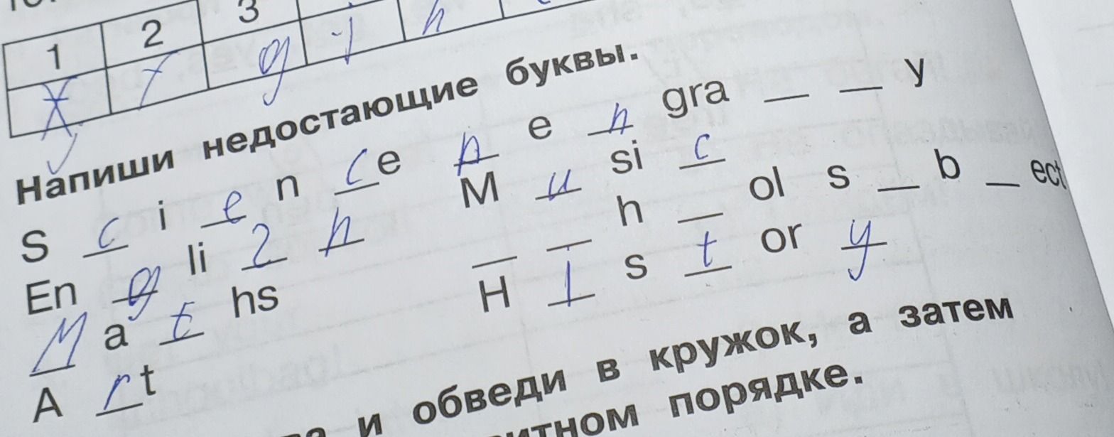 Фото задания: Напиши недостающие буквы: S_i_nce; En_li_h; Ma_ths; A_t; Mu_ic; H_story; Geography; school subject.
