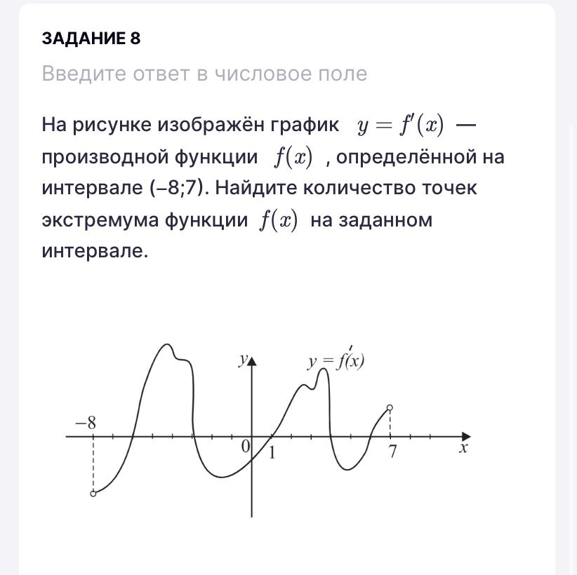 Фото задания: На рисунке изображён график производной функции \(y=f'(x)\), определённой на интервале \((-8;7)\). Найдите количество точек…