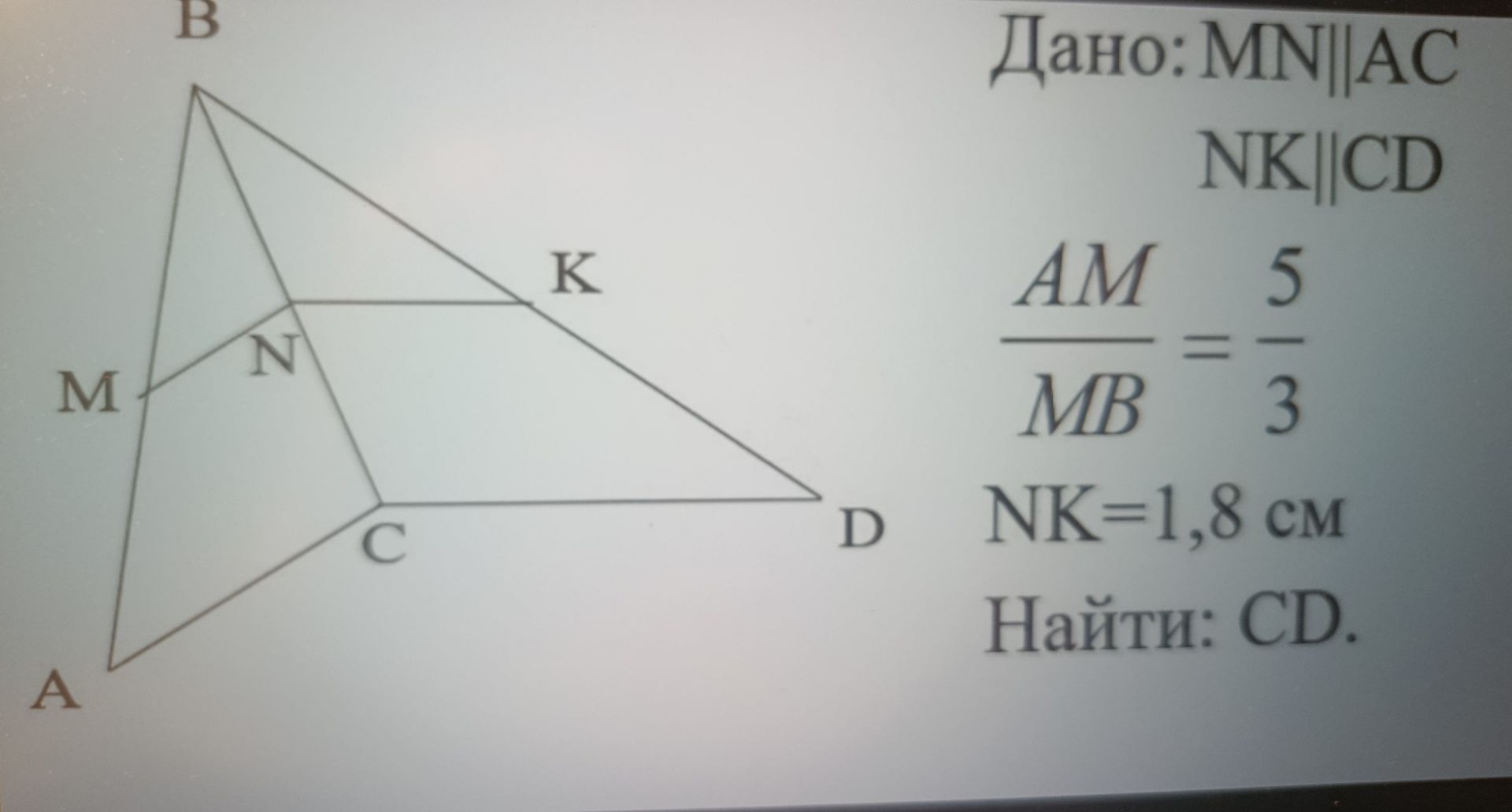 Фото задания: Дано: MN ∥ AC, NK ∥ CD, AM/MB = 5/3, NK = 1,8 см. Найти: CD.