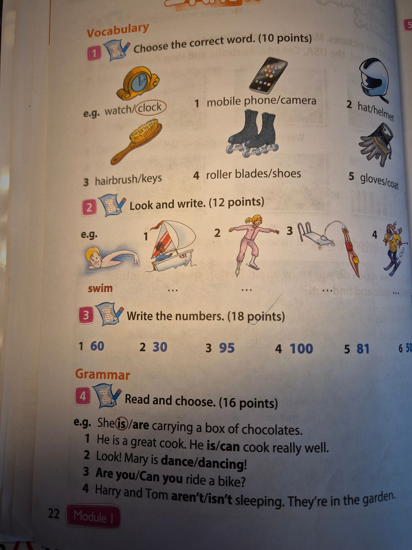Фото задания: 4. Read and choose. (16 points) Example: She is/are carrying a box of chocolates. 1) He is a great cook. He is/can cook…
