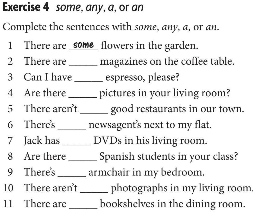 Фото задания: Exercise 4. Complete the sentences with some, any, a, or an. 1. There are some flowers in the garden. 2. There are _____…