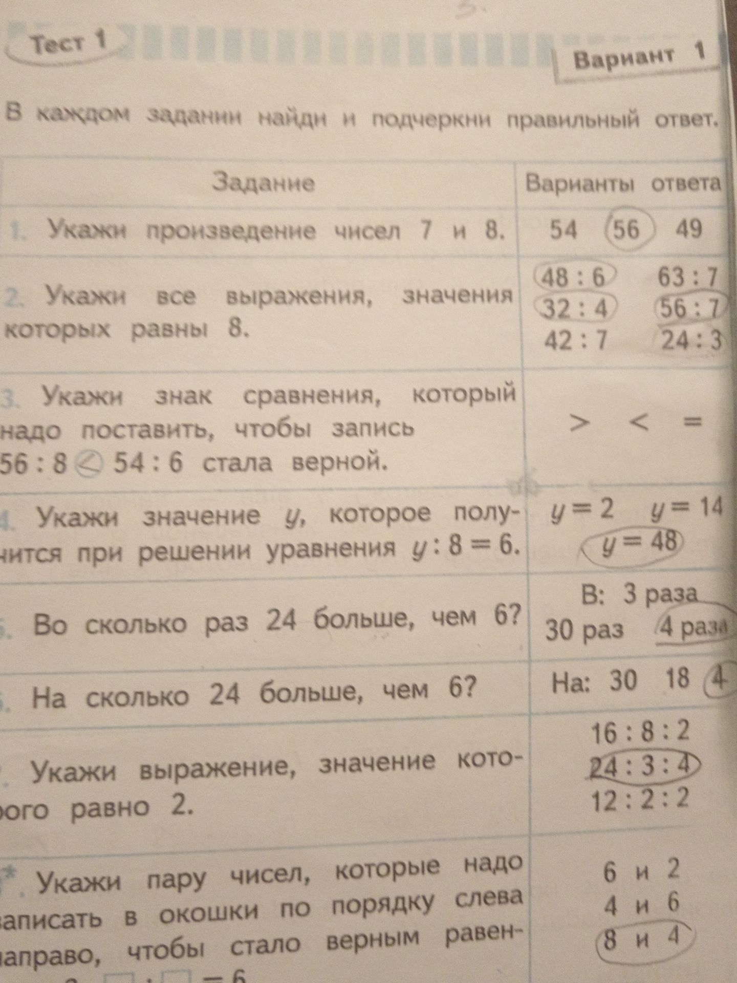 Фото задания: 4. Укажи значение y, которое получится при решении уравнения y : 8 = 6.