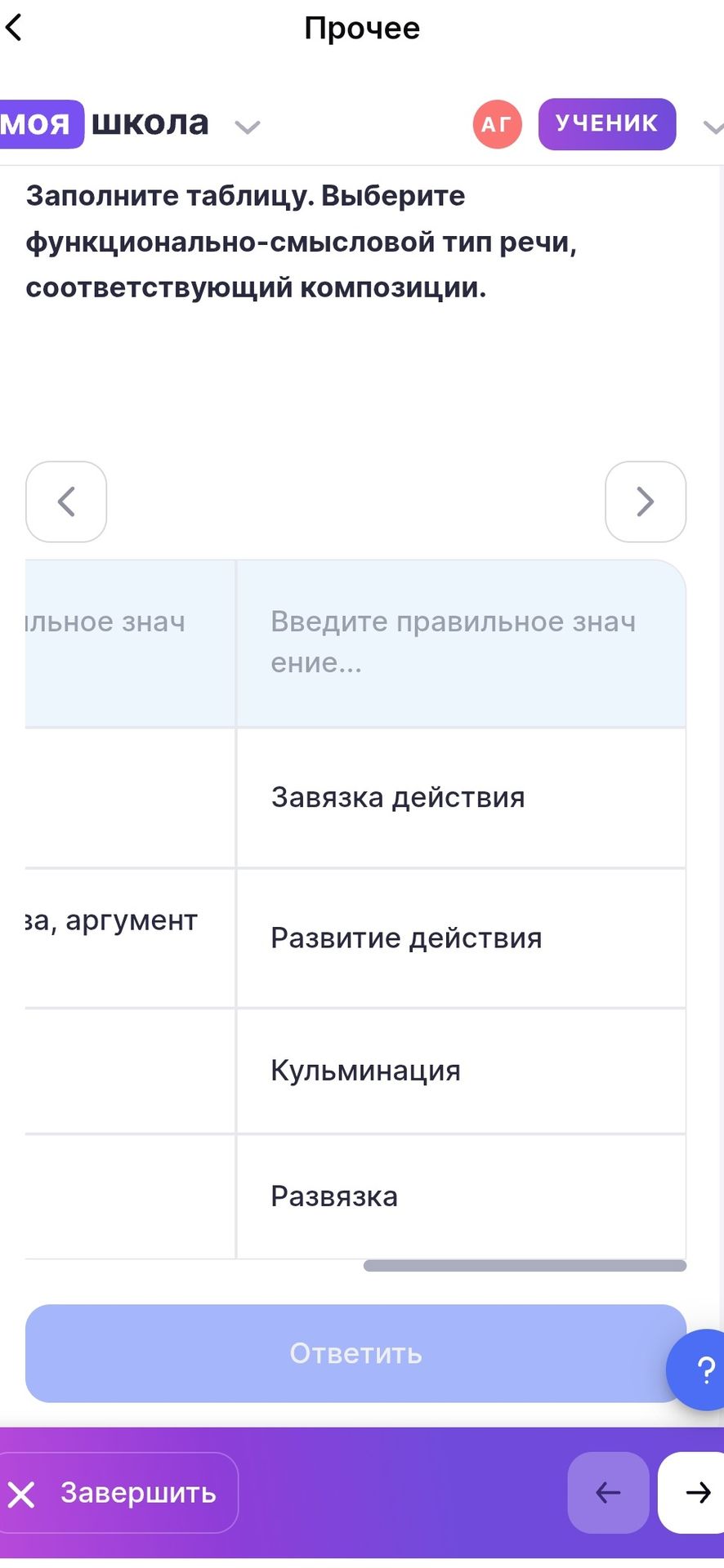 Фото задания: Заполните таблицу. Выберите функционально-смысловой тип речи, соответствующий композиции. Видимые элементы композиции:…