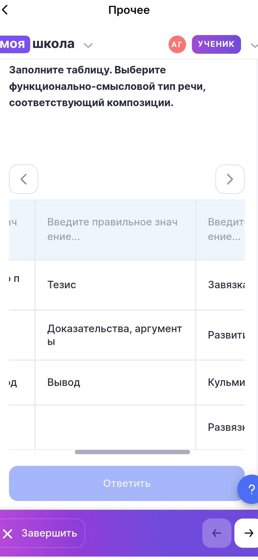 Фото задания: Заполните таблицу. Выберите функционально-смысловой тип речи, соответствующий композиции.