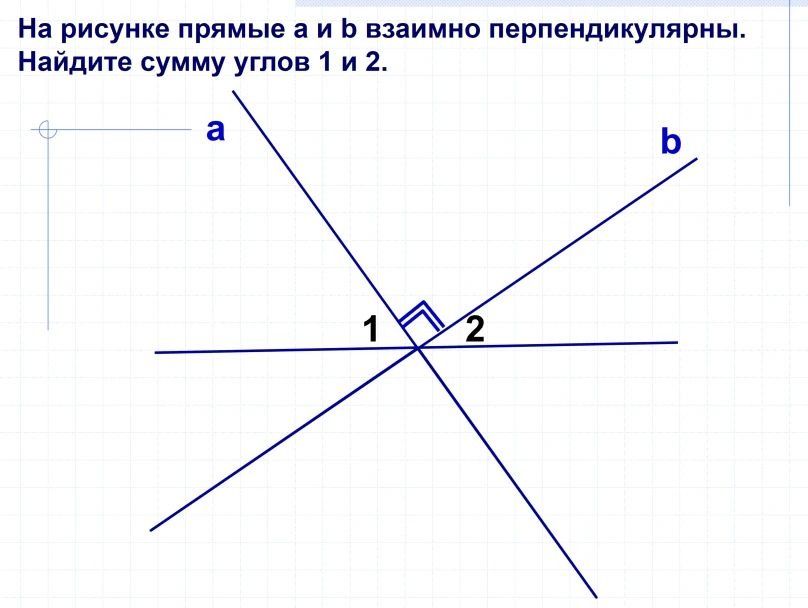 Фото задания: На рисунке прямые a и b взаимно перпендикулярны. Найдите сумму углов 1 и 2.