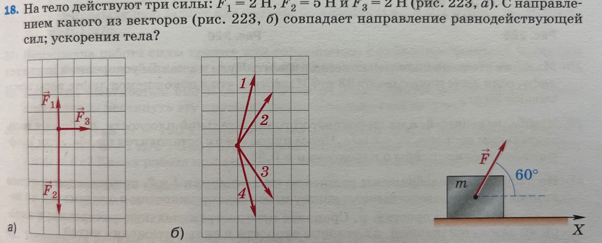 Фото задания: 18. На тело действуют три силы: \(F_1=2\) Н, \(F_2=5\) Н и \(F_3=2\) Н (рис. 223, а). С направлением какого из векторов (рис.…