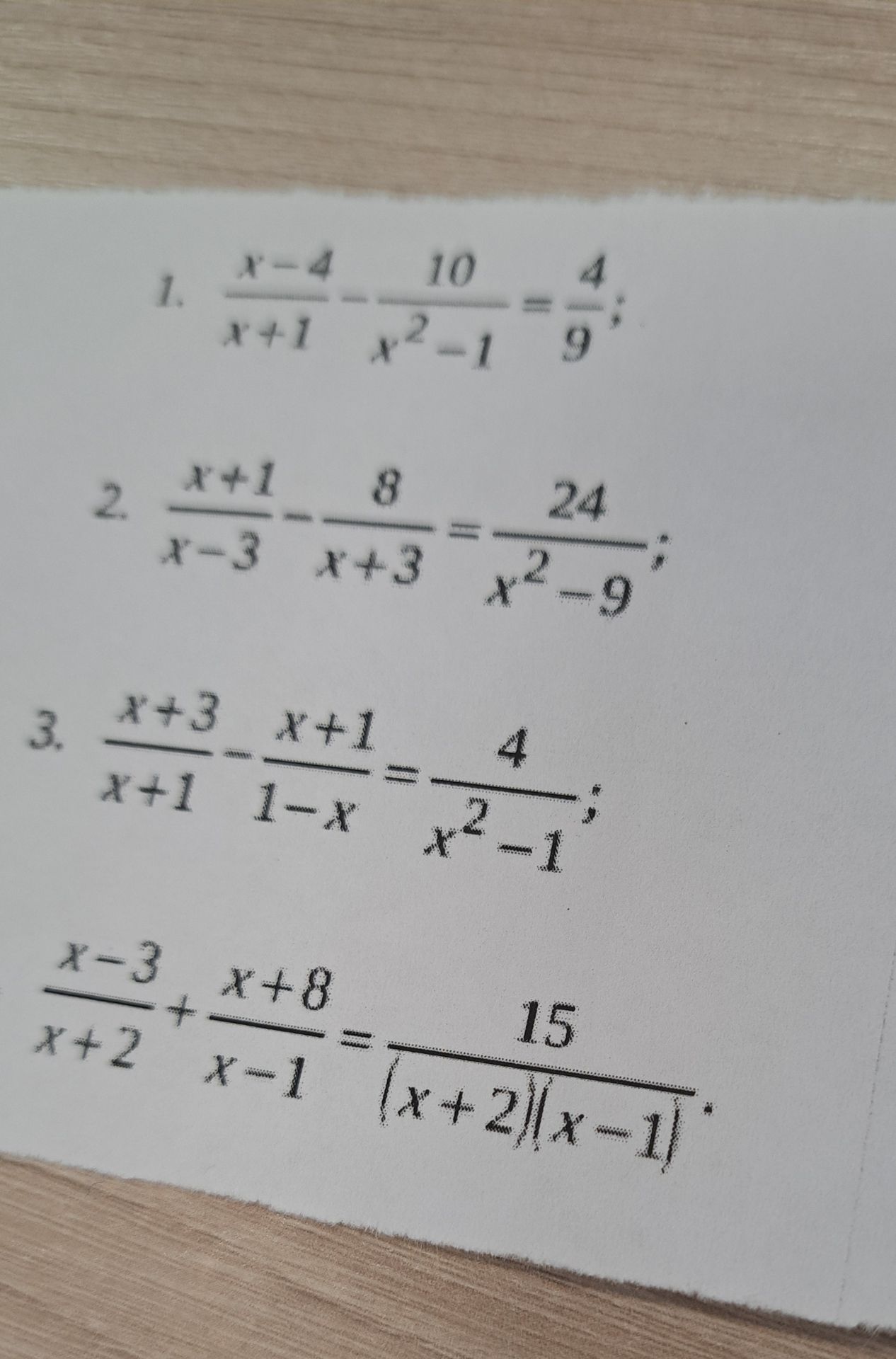 Фото задания: 1. \(\dfrac{x-4}{x+1}-\dfrac{10}{x^2-1}=\dfrac49\)