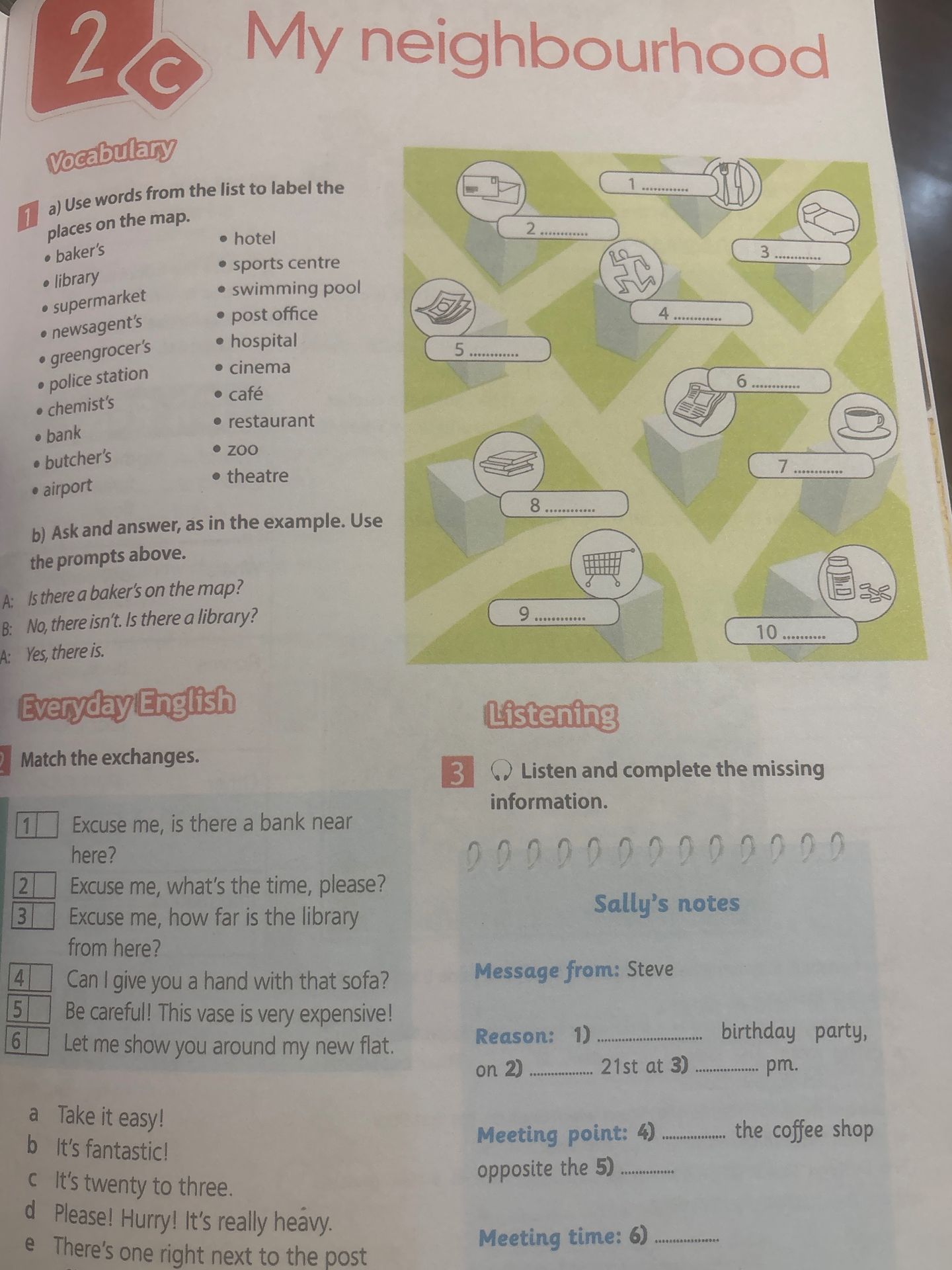 Фото задания: 1. a) Use words from the list to label the places on the map. b) Ask and answer, as in the example. Use the prompts above.