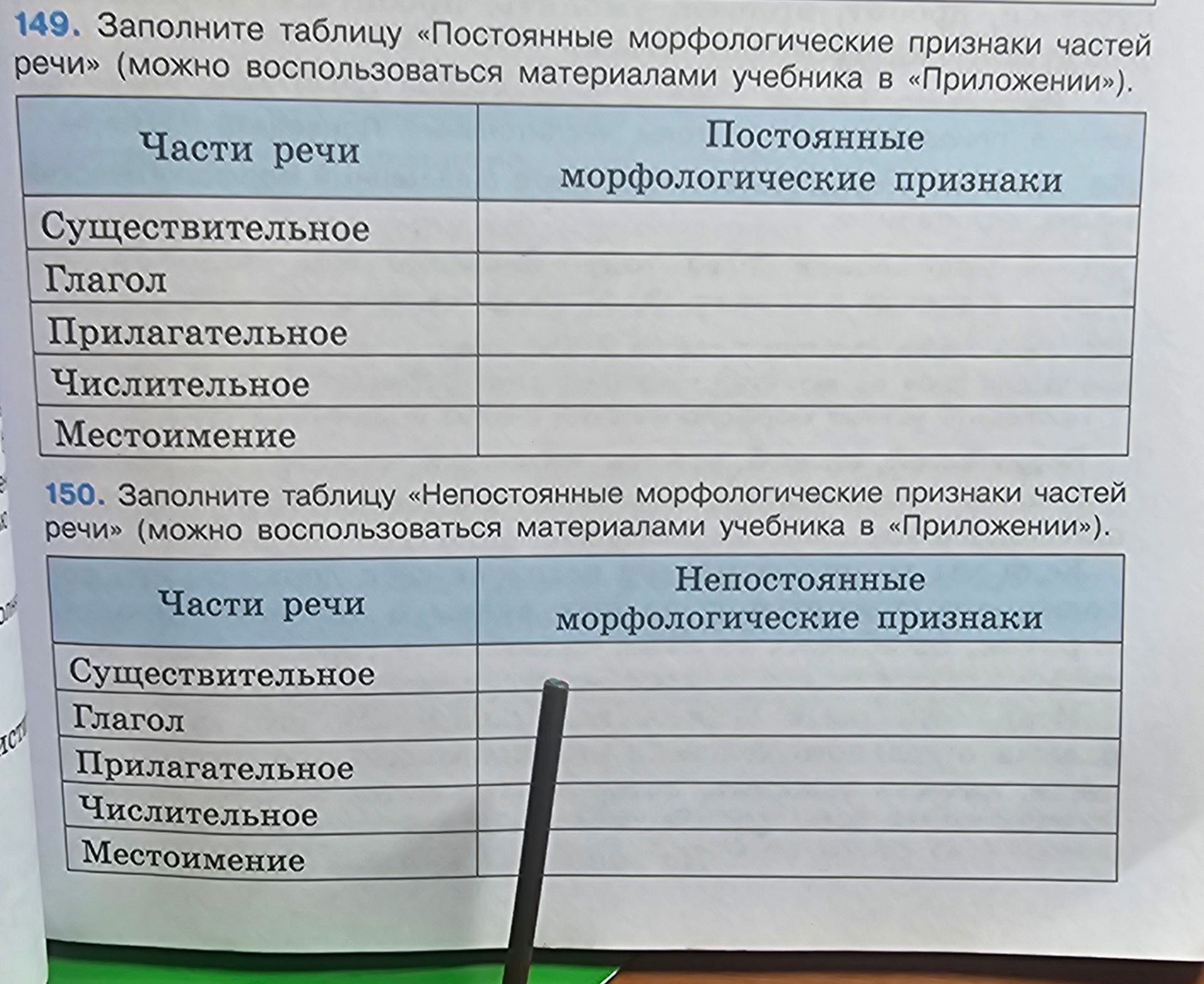 Фото задания: 149. Заполните таблицу «Постоянные морфологические признаки частей речи» (можно воспользоваться материалами учебника в…