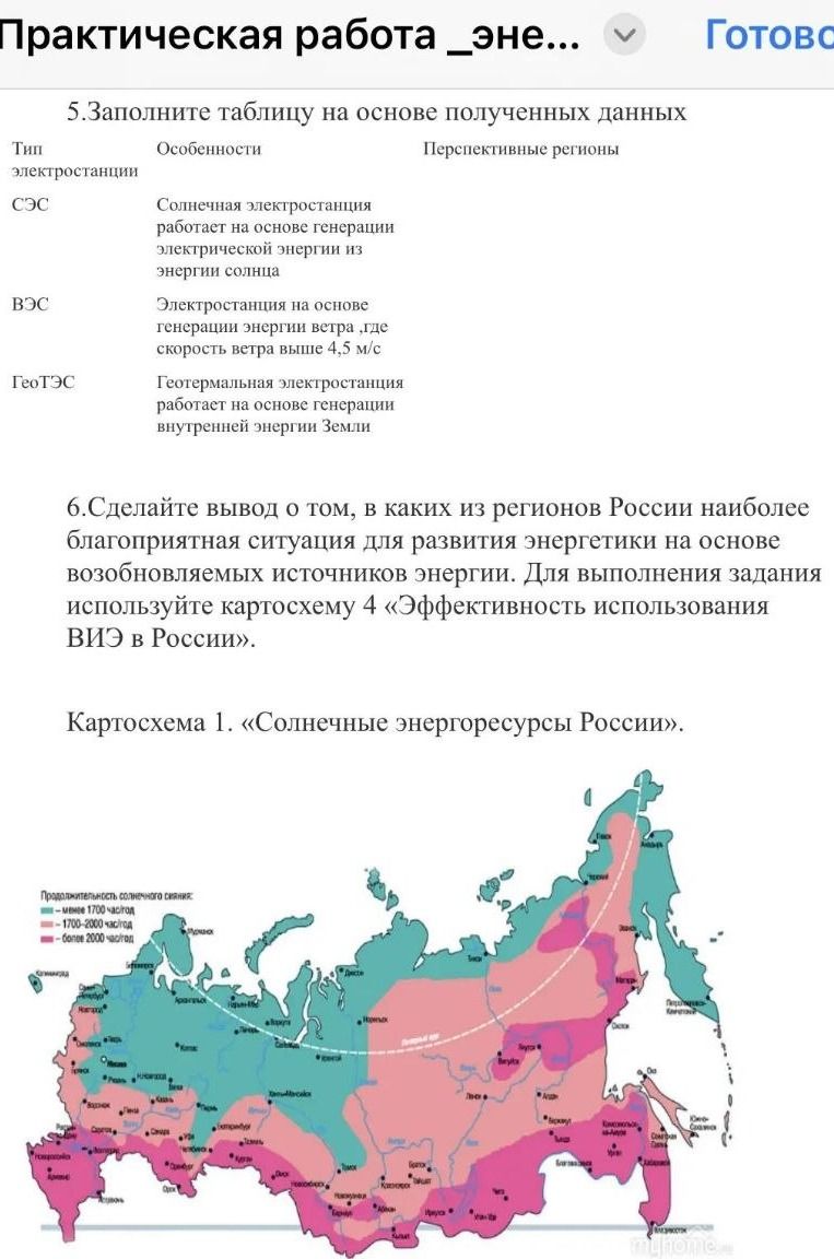 Фото задания: 6. Сделайте вывод о том, в каких из регионов России наиболее благоприятная ситуация для развития энергетики на основе…