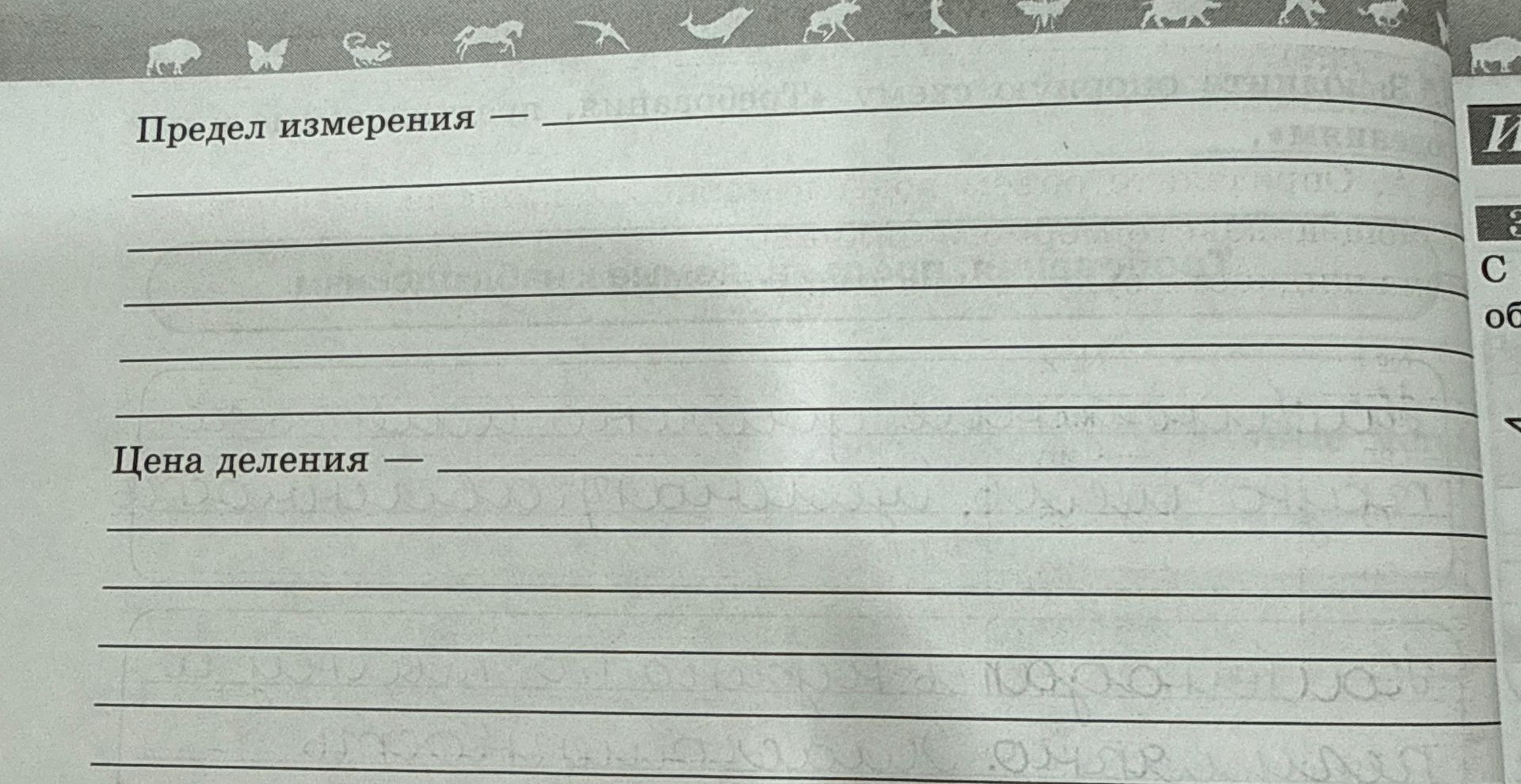 Фото задания: Предел измерения — … Цена деления — …
