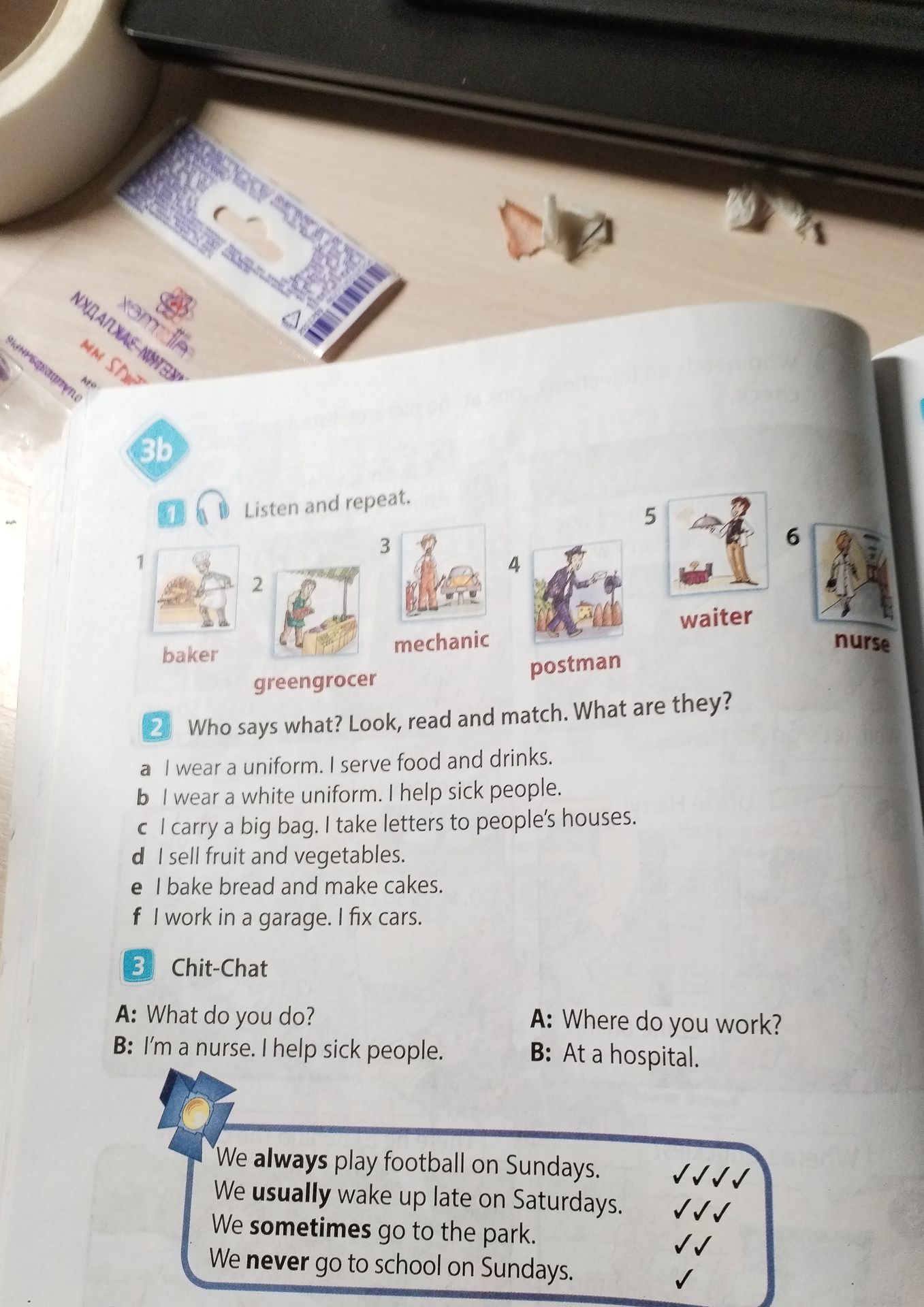 Фото задания: 1 Listen and repeat: baker, greengrocer, mechanic, postman, waiter, nurse.
