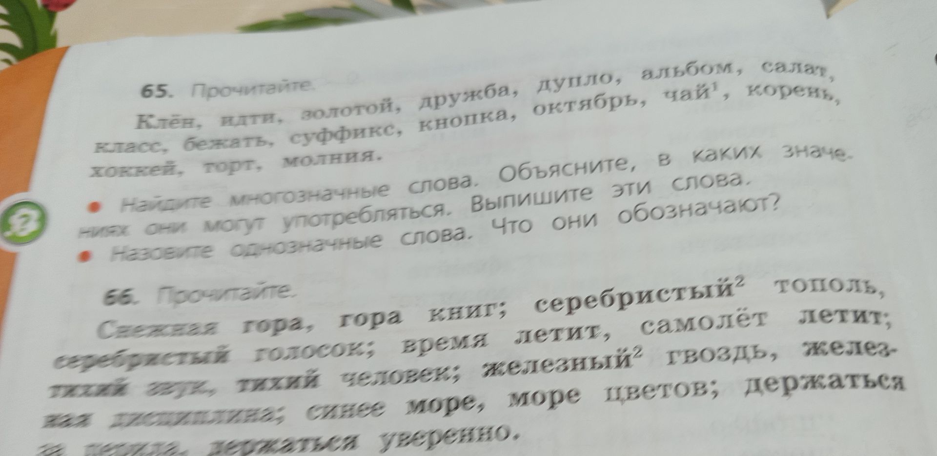 Фото задания: 66. Прочитайте. Снежная гора, гора книг; серебристый тополь, серебристый голосок; время летит, самолёт летит; тихий звук,…
