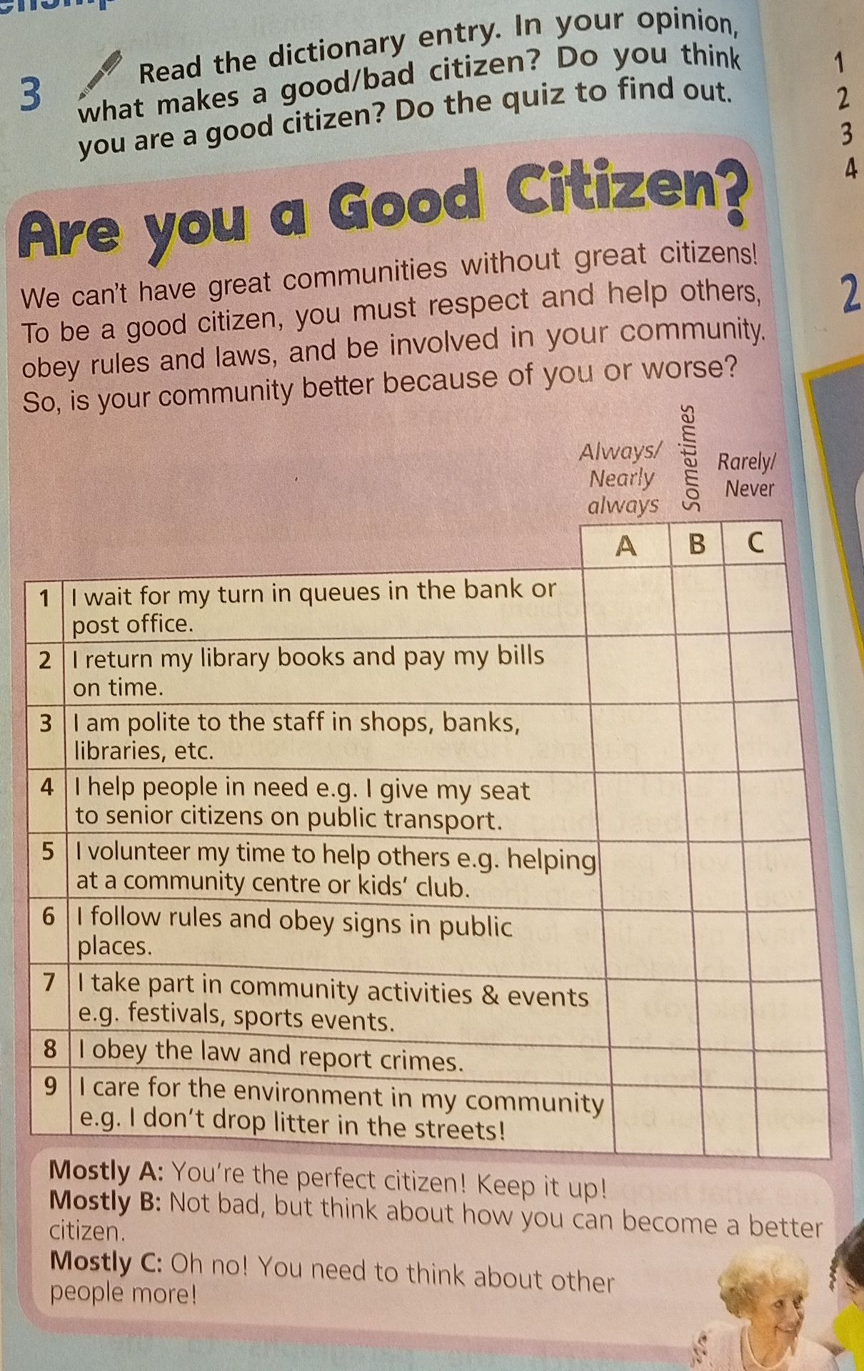 Фото задания: 3. Read the dictionary entry. In your opinion, what makes a good/bad citizen? Do you think you are a good citizen? Do the…