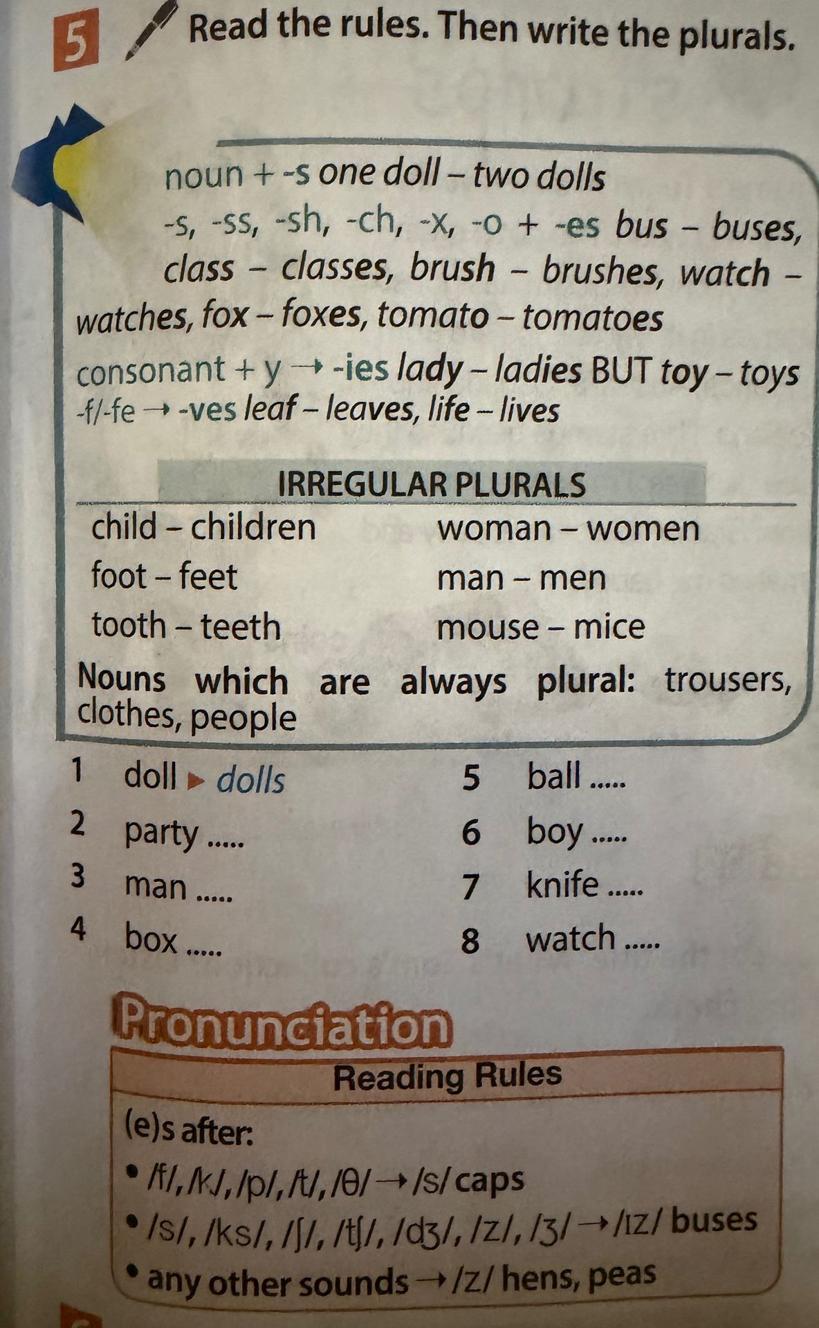 Фото задания: 5. Read the rules. Then write the plurals. 1) doll 2) party 3) man 4) box 5) ball 6) boy 7) knife 8) watch