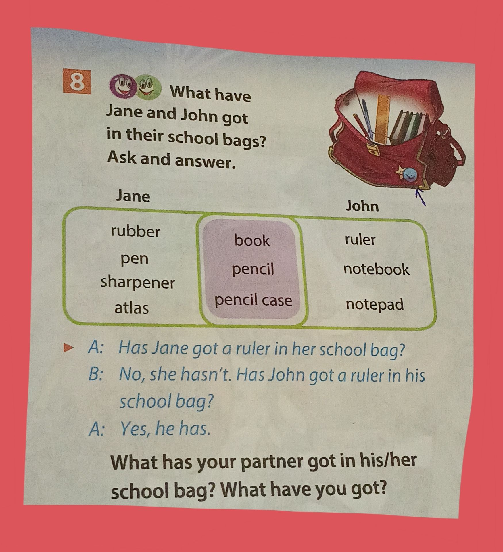 Фото задания: 8. What have Jane and John got in their school bags? Ask and answer. What has your partner got in his/her school bag? What…