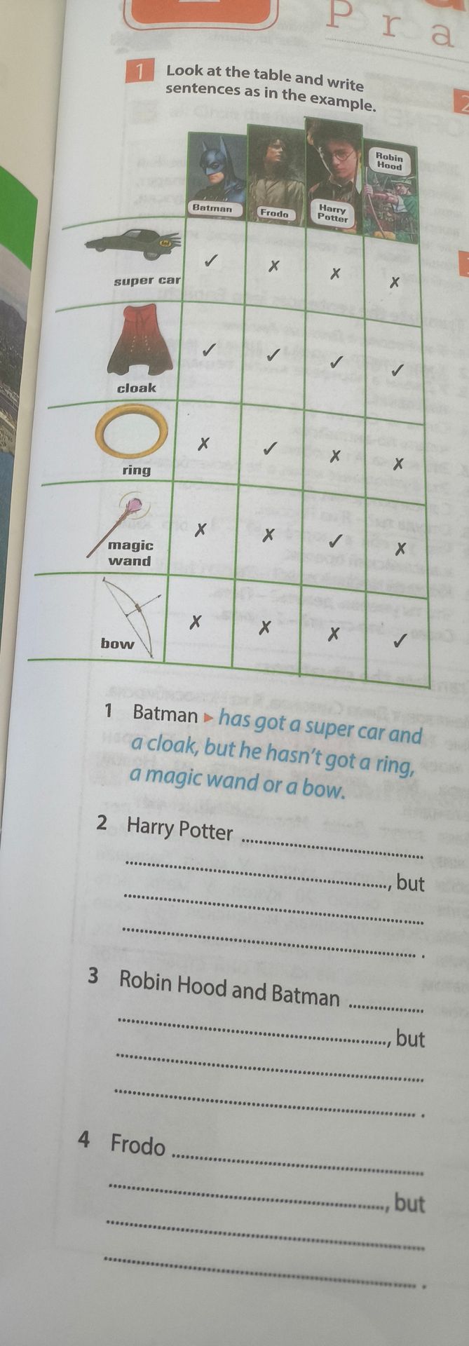 Фото задания: 1. Look at the table and write sentences as in the example. 2. Harry Potter …, but … 3. Robin Hood and Batman …, but … 4.…