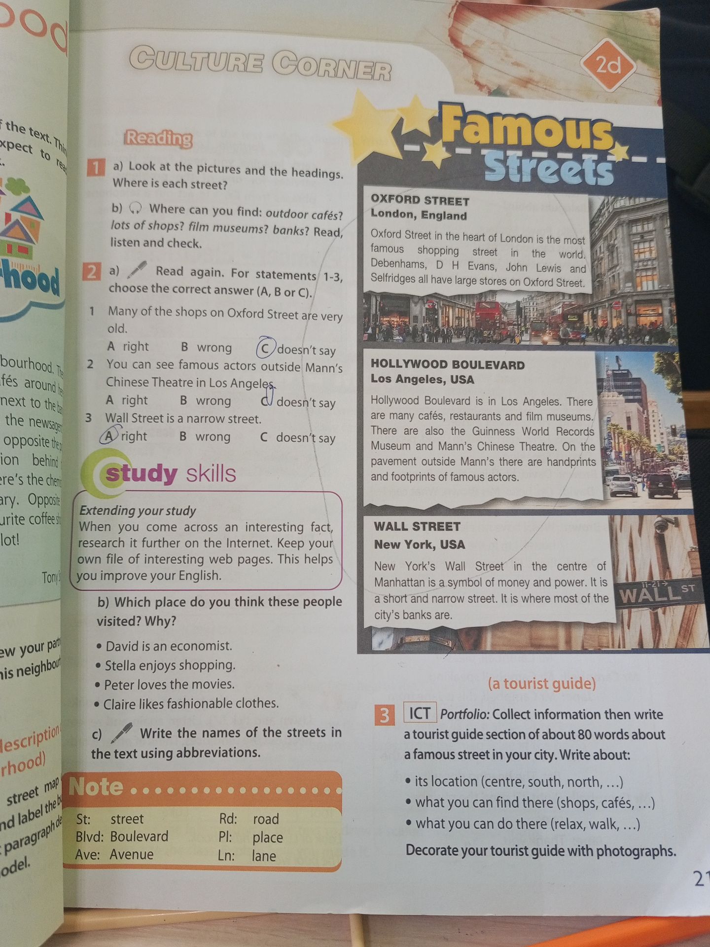 Фото задания: 2c) Write the names of the streets in the text using abbreviations.