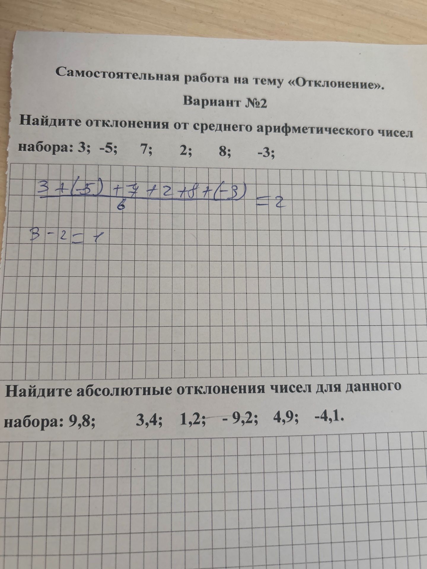 Фото задания: Найдите отклонения от среднего арифметического чисел набора: 3; −5; 7; 2; 8; −3.