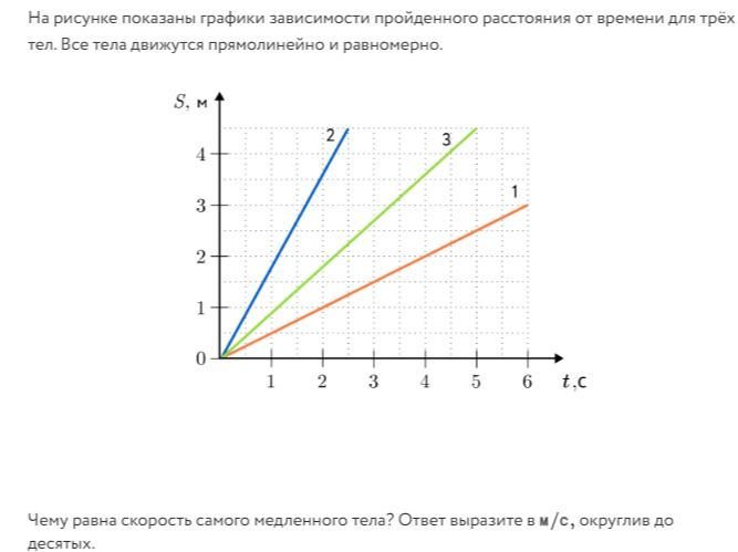 Фото задания: На рисунке показаны графики зависимости пройденного расстояния от времени для трёх тел. Все тела движутся прямолинейно и…