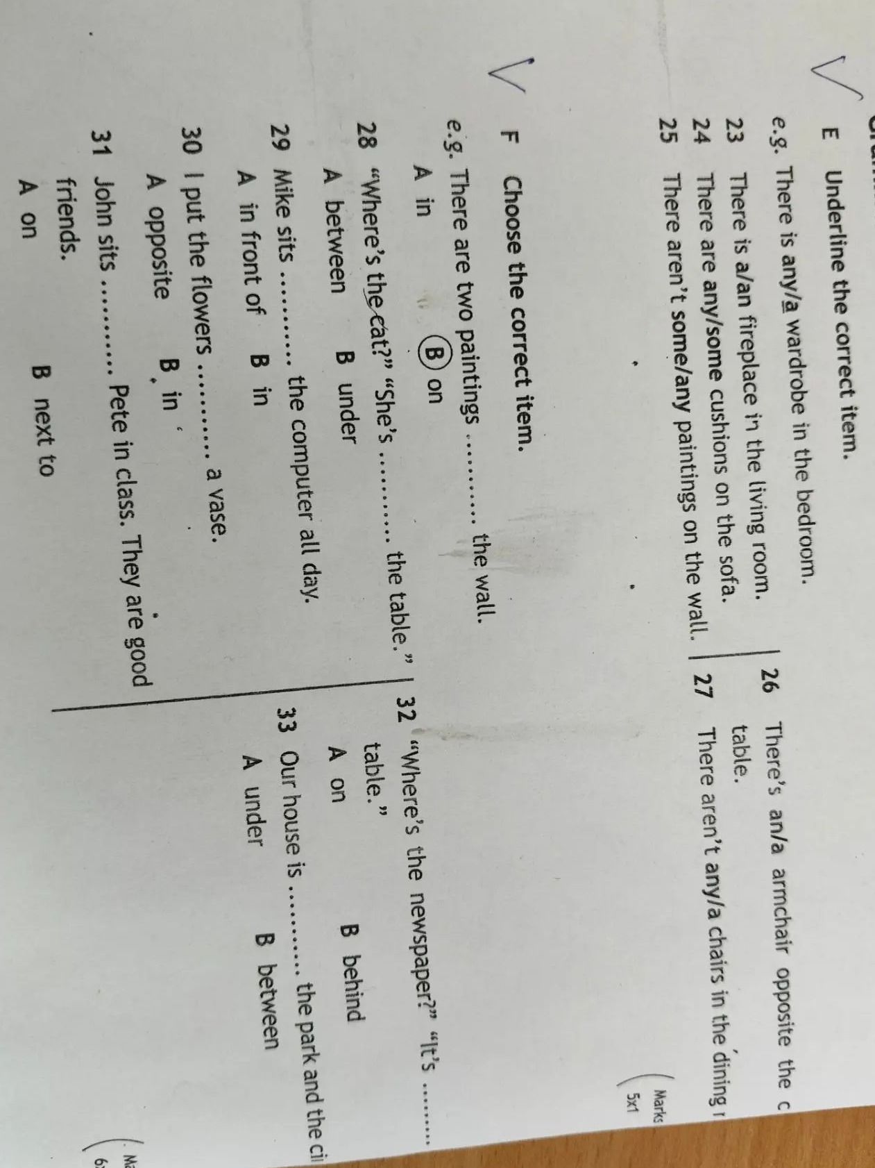 Фото задания: E. Underline the correct item. e.g. There is any/a wardrobe in the bedroom. 23 There is a/an fireplace in the living room. 24…